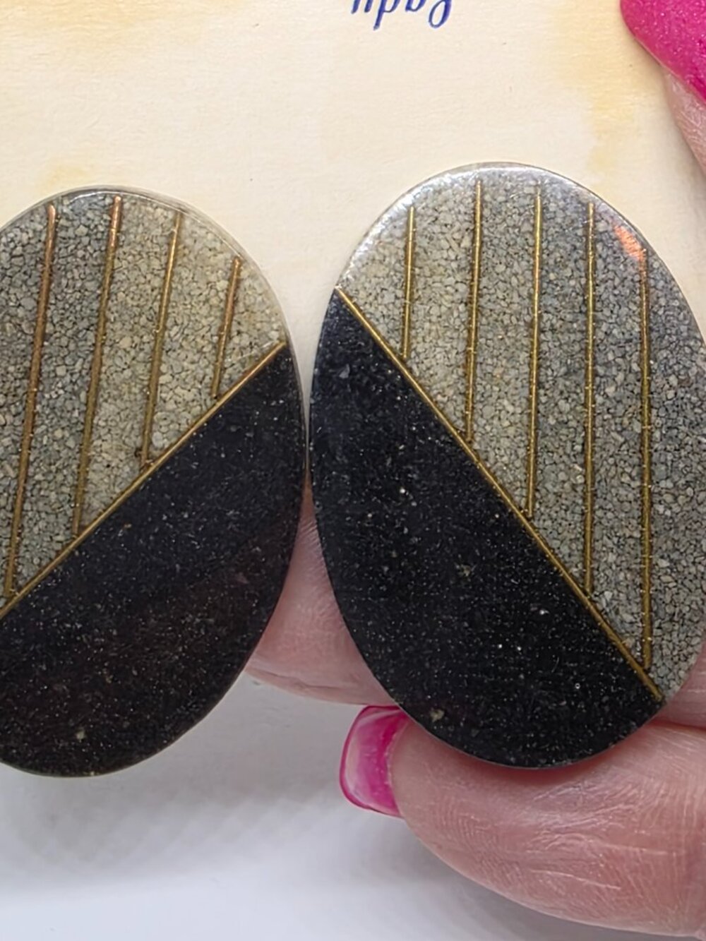 NOS MCM Lady Remington Large Oval Black Beige Geometric Pierced Earrings